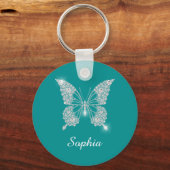 Witte Diamond Vlinder, Script Naam, Diep Teal Sleutelhanger (Voorkant)
