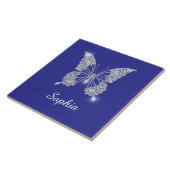 Witte Diamond Vlinder, Script Naam, Diepblauw Tegeltje (Zijkant)