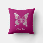 Witte Diamond Vlinder, Script Naam, Diepe Fuchsia Kussen (Achterkant)