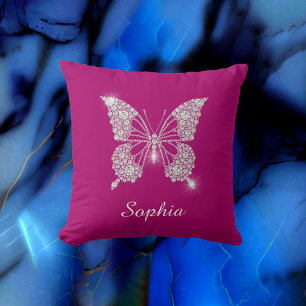 Witte Diamond Vlinder, Script Naam, Diepe Fuchsia Kussen