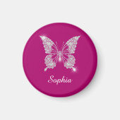 Witte Diamond Vlinder, Script Naam, Diepe Fuchsia Magneet (Voorkant)