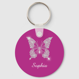 Witte Diamond Vlinder, Script Naam, Diepe Fuchsia Sleutelhanger