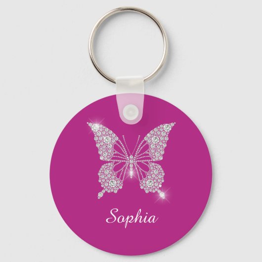 Witte Diamond Vlinder, Script Naam, Diepe Fuchsia Sleutelhanger (Voorkant)