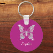 Witte Diamond Vlinder, Script Naam, Diepe Fuchsia Sleutelhanger (Voorkant)
