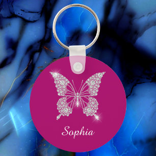 Witte Diamond Vlinder, Script Naam, Diepe Fuchsia Sleutelhanger
