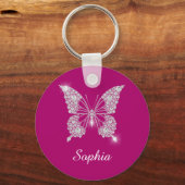 Witte Diamond Vlinder, Script Naam, Diepe Fuchsia Sleutelhanger (Voorkant)