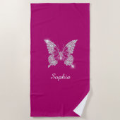 Witte Diamond Vlinder, Script Naam, Diepe Fuchsia Strandlaken (Voorkant)