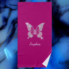 Witte Diamond Vlinder, Script Naam, Diepe Fuchsia Strandlaken
