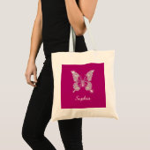 Witte Diamond Vlinder, Script Naam, Diepe Fuchsia Tote Bag (Voorkant (product))
