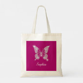 Witte Diamond Vlinder, Script Naam, Diepe Fuchsia Tote Bag (Achterkant)