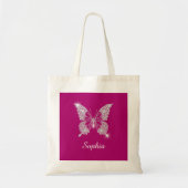 Witte Diamond Vlinder, Script Naam, Diepe Fuchsia Tote Bag (Voorkant)