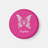 Witte Diamond Vlinder, Script Naam, Fuchsia Magneet (Voorkant)