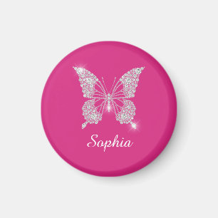Witte Diamond Vlinder, Script Naam, Fuchsia Magneet