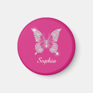 Witte Diamond Vlinder, Script Naam, Fuchsia Magneet