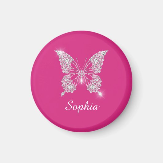 Witte Diamond Vlinder, Script Naam, Fuchsia Magneet (Voorkant)
