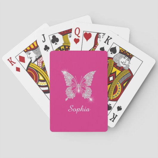 Witte Diamond Vlinder, Script Naam, Fuchsia Pokerkaarten (Achterkant)