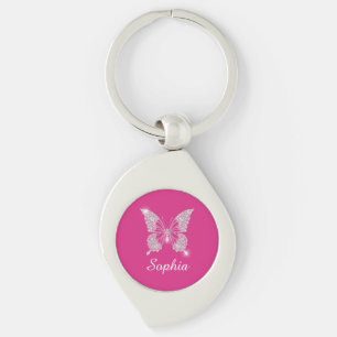 Witte Diamond Vlinder, Script Naam, Fuchsia Sleutelhanger