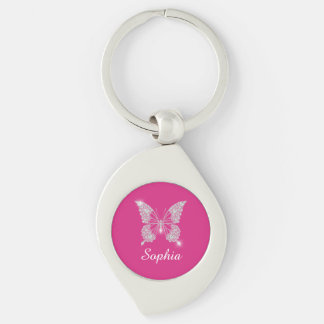 Witte Diamond Vlinder, Script Naam, Fuchsia Sleutelhanger