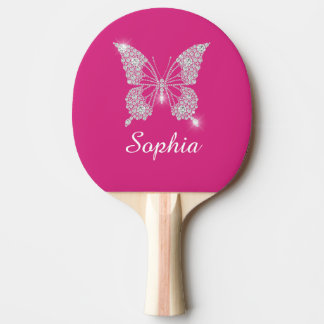 Witte Diamond Vlinder, Script Naam, Fuchsia Tafeltennisbatje