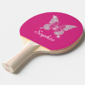 Witte Diamond Vlinder, Script Naam, Fuchsia Tafeltennisbatje (Voorkant Gekanteld)