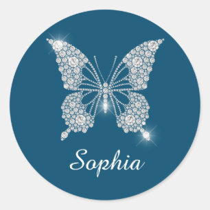 Witte Diamond Vlinder, Script Naam, Oceaanblauw Ronde Sticker