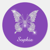 Witte Diamond Vlinder, Script Naam, Paars Ronde Sticker (Voorkant)