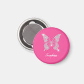 Witte Diamond Vlinder, Script Naam, Roze Magneet (Voorkant / Achterkant)