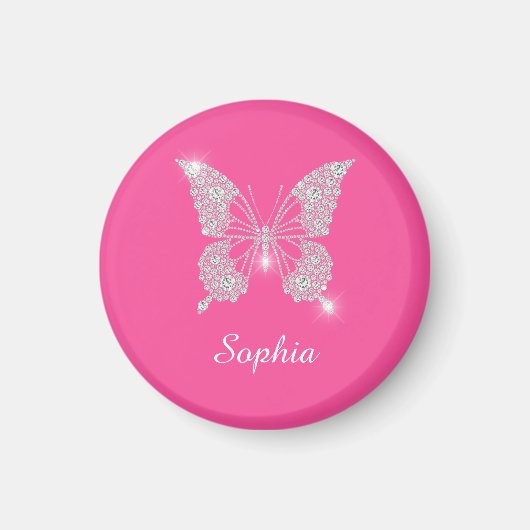 Witte Diamond Vlinder, Script Naam, Roze Magneet (Voorkant)