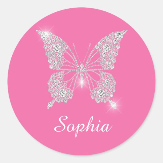 Witte Diamond Vlinder, Script Naam, Roze Ronde Sticker (Voorkant)