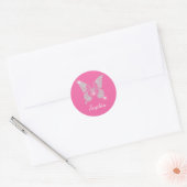 Witte Diamond Vlinder, Script Naam, Roze Ronde Sticker (Envelop)