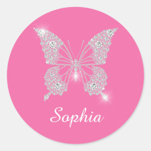 Witte Diamond Vlinder, Script Naam, Roze Ronde Sticker