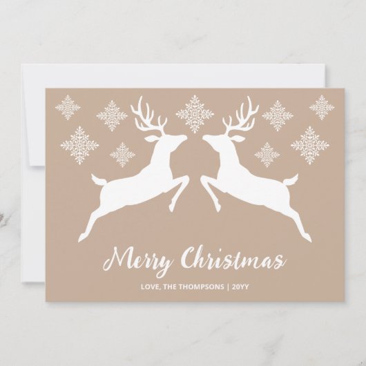 Witte dieper op beige met sneeuwvlokken en tekst feestdagenkaart (Voorkant)