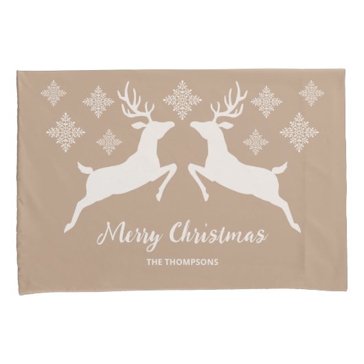 Witte dieper op beige met sneeuwvlokken en tekst kussensloop (Voorkant-Rechts)