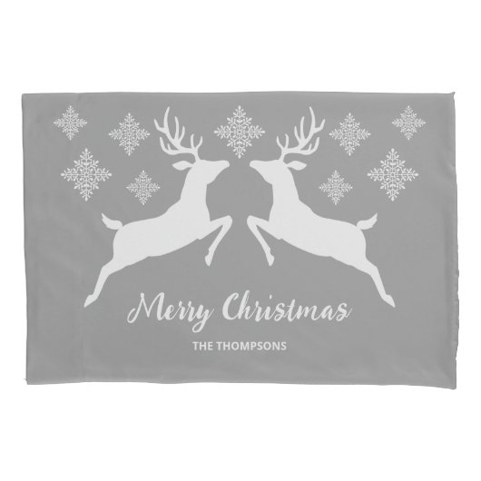 Witte dieper op grijs met sneeuwvlokken en tekst kussensloop (Voorkant-Links)