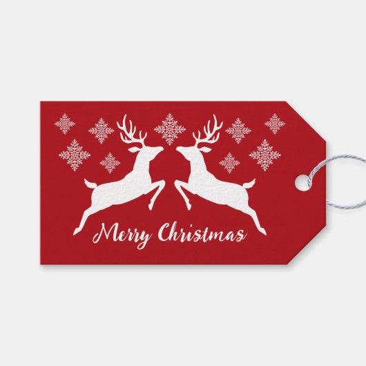 Witte dieper op rood met sneeuwvlokken en tekst cadeaulabel (Voorkant (Horizontaal))