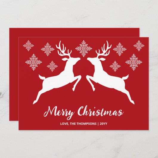 Witte dieper op rood met sneeuwvlokken en tekst feestdagenkaart (Voorkant / Achterkant)