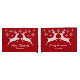 Witte dieper op rood met sneeuwvlokken en tekst kussensloop