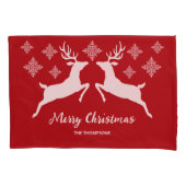 Witte dieper op rood met sneeuwvlokken en tekst kussensloop (Voorkant-Links)