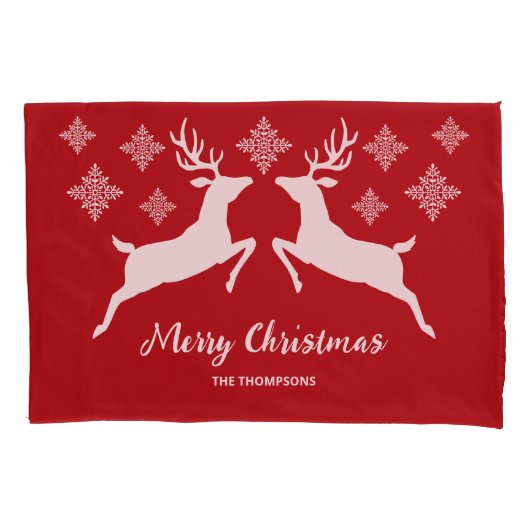 Witte dieper op rood met sneeuwvlokken en tekst kussensloop (Voorkant-Links)