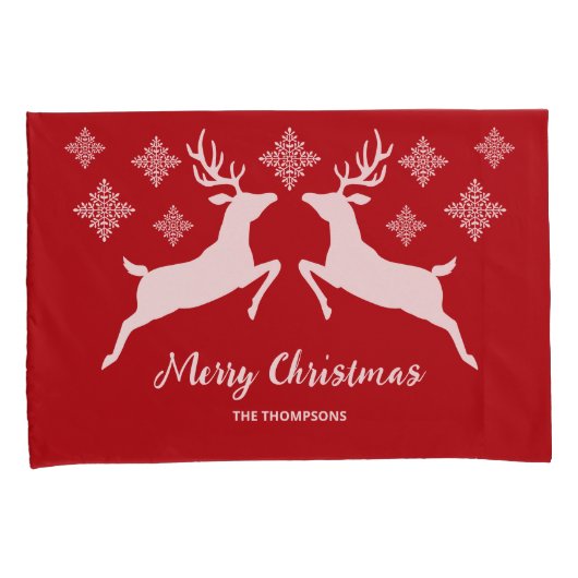 Witte dieper op rood met sneeuwvlokken en tekst kussensloop (Voorkant-Rechts)