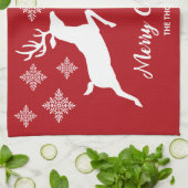Witte dieper op rood met sneeuwvlokken en tekst theedoek (Gevouwen)