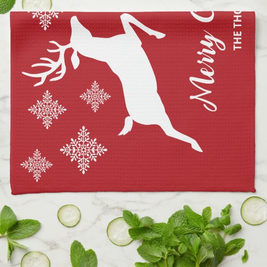 Witte dieper op rood met sneeuwvlokken en tekst theedoek (Gevouwen)