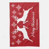 Witte dieper op rood met sneeuwvlokken en tekst theedoek (Verticaal)