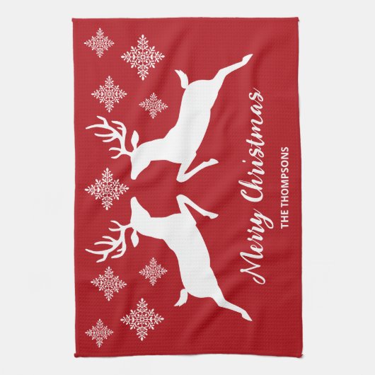 Witte dieper op rood met sneeuwvlokken en tekst theedoek (Verticaal)