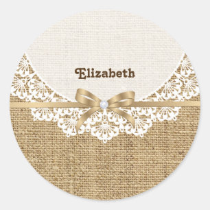 Witte doily met kant en linnen natuurlijke jute ronde sticker