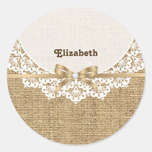Witte doily met kant en linnen natuurlijke jute ronde sticker (Voorkant)