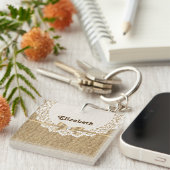 Witte doily met kant en linnen natuurlijke jute sleutelhanger (Voorkant Rechts)