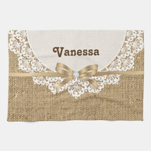 Witte doily met kant en linnen natuurlijke jute theedoek (Horizontaal)