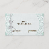 Witte doily met kant & mint groen gekleurde jute visitekaartje (Achterkant)