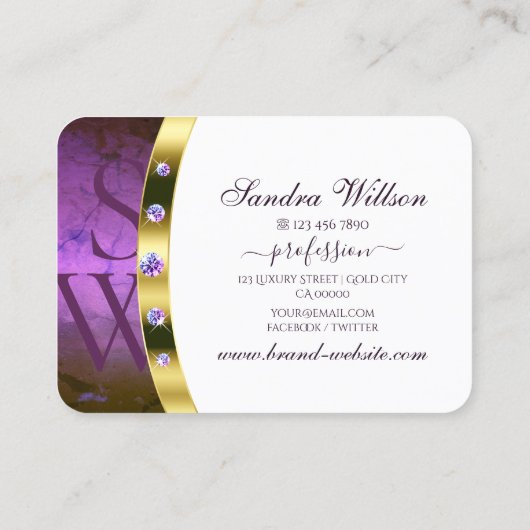Witte, donkere Paarse marmer en goud met Initialen Visitekaartje (Achterkant)
